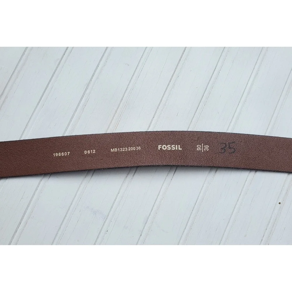 Fossil Mens Dark Brown Leather Belt Herringbone Embossed Buckle Size 36